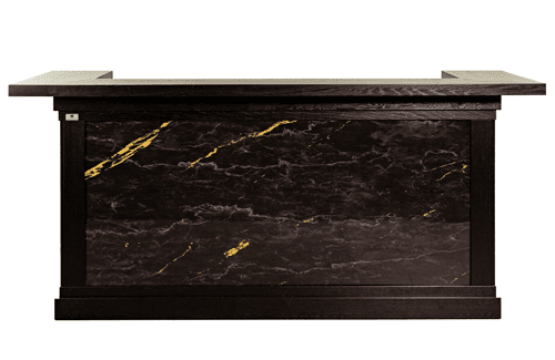 Luxe bar zwart goud, Bar New York met marmeren plaat en beton-look werkblad.