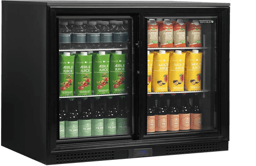 De Tefcold bar koelkast is een energiezuinige en stijlvolle oplossing voor drukke baromgevingen. Uitgerust met twee glazen schuifdeuren, LED-verlichting en een geventileerd koelsysteem