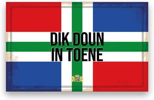 Metalen wandbord met Groningse vlag en tekst “Dik Doun in Toene